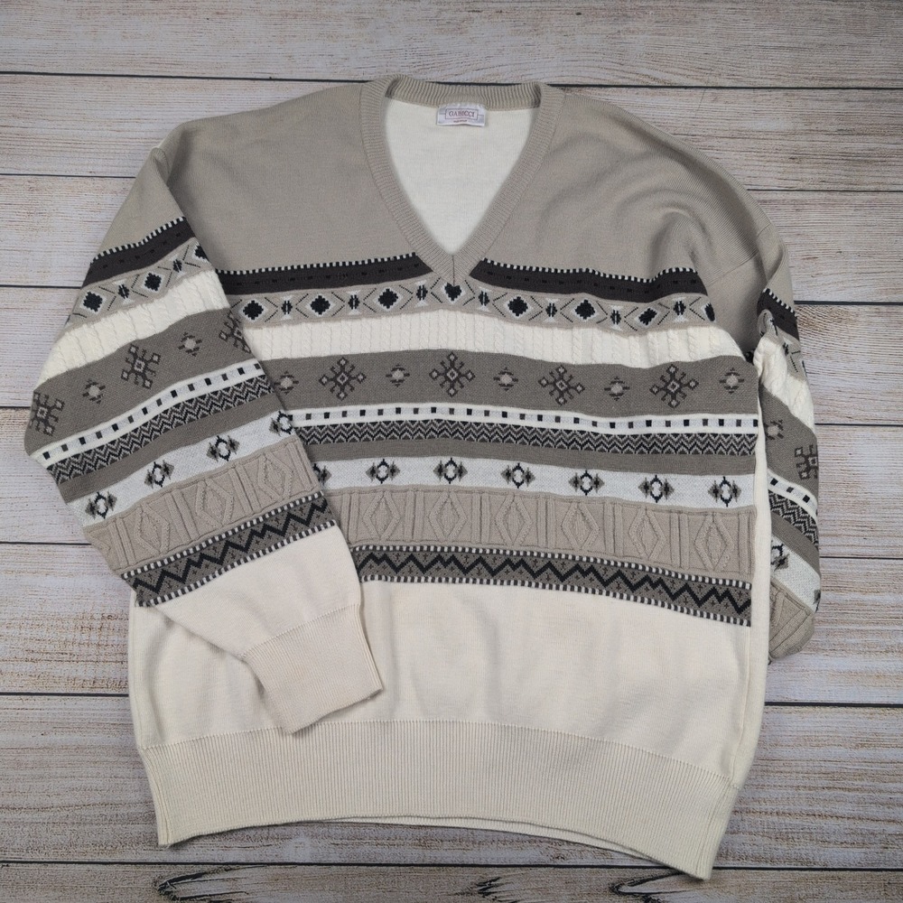VTG Gabicci Mens V Neck Wool blend Sweater Taupe Geometric‎ Made in Italy Size L